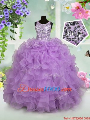 Customized Organza Scoop Sleeveless Zipper Ruffles and Sequins Kids Formal Wear in Lavender