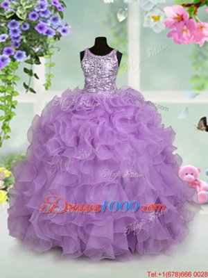 Customized Organza Scoop Sleeveless Zipper Ruffles and Sequins Kids Formal Wear in Lavender