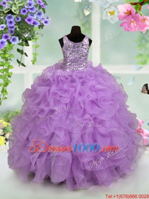 Customized Organza Scoop Sleeveless Zipper Ruffles and Sequins Kids Formal Wear in Lavender