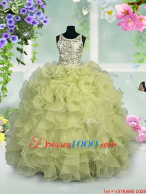 Enchanting Light Yellow Organza Zipper Scoop Sleeveless Floor Length Little Girls Pageant Dress Wholesale Ruffles and Sequins