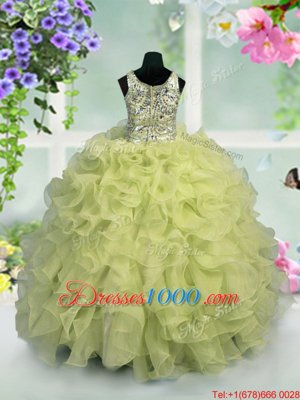 Enchanting Light Yellow Organza Zipper Scoop Sleeveless Floor Length Little Girls Pageant Dress Wholesale Ruffles and Sequins