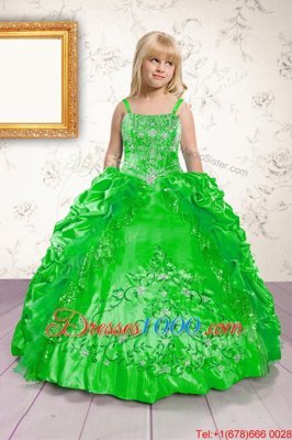 Sleeveless Satin Floor Length Lace Up Little Girls Pageant Dress Wholesale in for with Beading and Appliques and Pick Ups