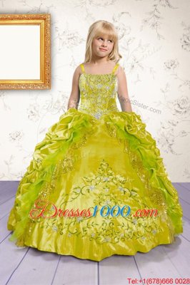 Popular Floor Length Apple Green Party Dress for Toddlers Satin Sleeveless Beading and Appliques and Pick Ups
