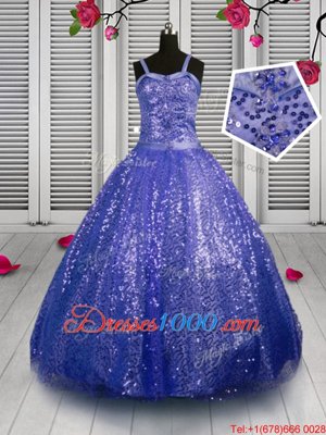 Trendy Sequins Ball Gowns Little Girls Pageant Dress Blue Straps Sequined Sleeveless Floor Length Lace Up