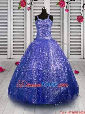 Trendy Sequins Ball Gowns Little Girls Pageant Dress Blue Straps Sequined Sleeveless Floor Length Lace Up