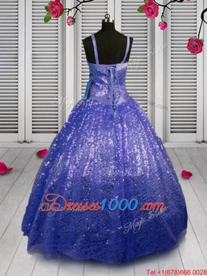 Trendy Sequins Ball Gowns Little Girls Pageant Dress Blue Straps Sequined Sleeveless Floor Length Lace Up