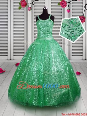 Sleeveless Lace Up Floor Length Sequins Little Girls Pageant Gowns