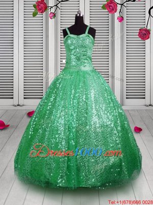 Sleeveless Lace Up Floor Length Sequins Little Girls Pageant Gowns