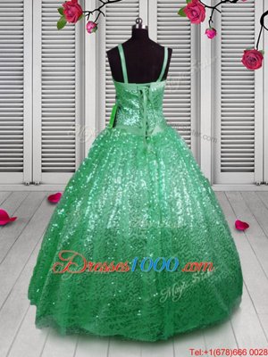 Sleeveless Lace Up Floor Length Sequins Little Girls Pageant Gowns