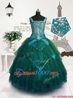 Sleeveless Tulle Floor Length Lace Up Girls Pageant Dresses in Teal for with Beading and Belt