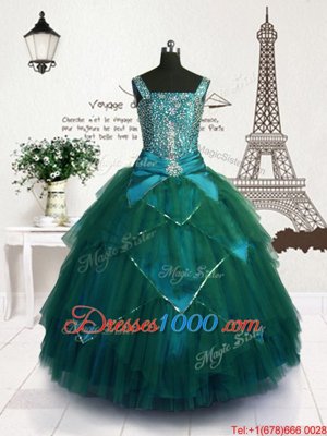 Sleeveless Tulle Floor Length Lace Up Girls Pageant Dresses in Teal for with Beading and Belt