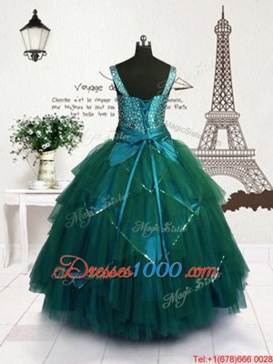 Sleeveless Tulle Floor Length Lace Up Girls Pageant Dresses in Teal for with Beading and Belt