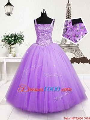 Lilac Lace Up Kids Pageant Dress Beading and Sequins Sleeveless Floor Length
