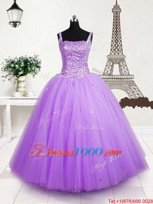 Lilac Lace Up Kids Pageant Dress Beading and Sequins Sleeveless Floor Length