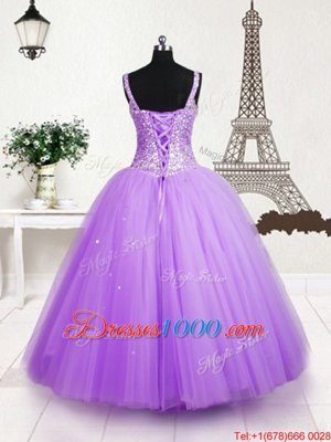 Lilac Lace Up Kids Pageant Dress Beading and Sequins Sleeveless Floor Length