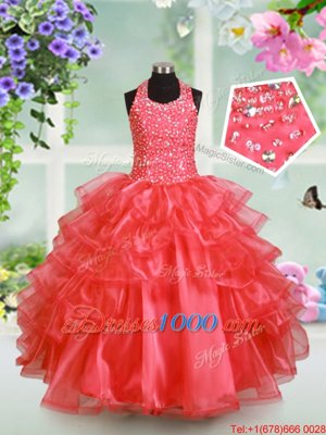 Halter Top Ruffled Watermelon Red Sleeveless Organza Lace Up Pageant Gowns For Girls for Party and Wedding Party