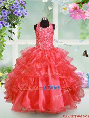 Halter Top Ruffled Watermelon Red Sleeveless Organza Lace Up Pageant Gowns For Girls for Party and Wedding Party