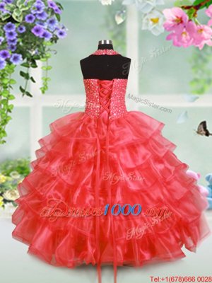 Halter Top Ruffled Watermelon Red Sleeveless Organza Lace Up Pageant Gowns For Girls for Party and Wedding Party