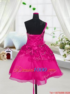 Sleeveless Organza Knee Length Lace Up Little Girl Pageant Gowns in Fuchsia for with Beading and Hand Made Flower