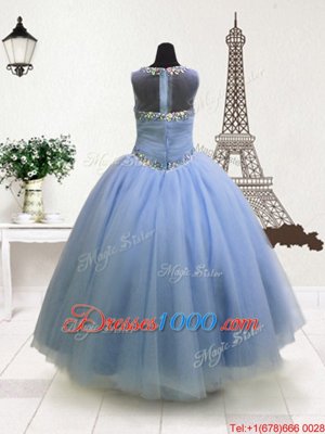 Excellent Scoop Beading and Ruffles Kids Pageant Dress Light Blue Zipper Sleeveless Floor Length