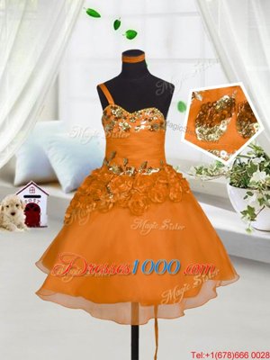 Orange Red Sleeveless Mini Length Beading and Hand Made Flower Lace Up Teens Party Dress