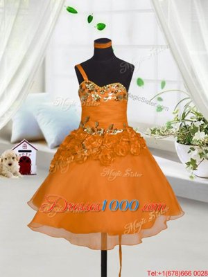 Orange Red Sleeveless Mini Length Beading and Hand Made Flower Lace Up Teens Party Dress