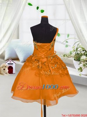 Orange Red Sleeveless Mini Length Beading and Hand Made Flower Lace Up Teens Party Dress