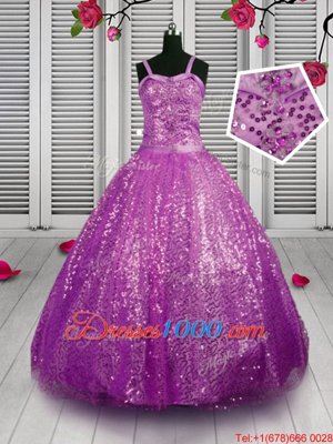 Straps Sleeveless Little Girls Pageant Dress Wholesale Floor Length Beading and Sequins Purple Sequined