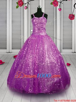Straps Sleeveless Little Girls Pageant Dress Wholesale Floor Length Beading and Sequins Purple Sequined