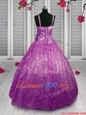Straps Sleeveless Little Girls Pageant Dress Wholesale Floor Length Beading and Sequins Purple Sequined