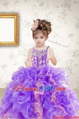 Custom Design Spaghetti Straps Sleeveless Organza Party Dress for Girls Beading and Ruffles and Sequins Lace Up