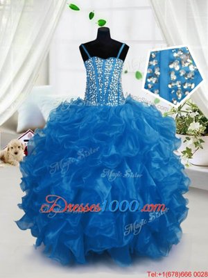 Blue Ball Gowns Organza Spaghetti Straps Sleeveless Beading and Ruffles Floor Length Lace Up Child Pageant Dress