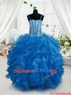 Blue Ball Gowns Organza Spaghetti Straps Sleeveless Beading and Ruffles Floor Length Lace Up Child Pageant Dress