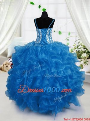 Blue Ball Gowns Organza Spaghetti Straps Sleeveless Beading and Ruffles Floor Length Lace Up Child Pageant Dress