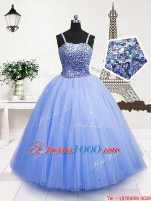 Sequins Floor Length Ball Gowns Sleeveless Light Blue Little Girl Pageant Dress Zipper