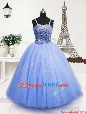 Sequins Floor Length Ball Gowns Sleeveless Light Blue Little Girl Pageant Dress Zipper