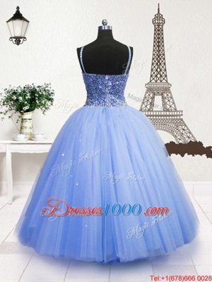 Sequins Floor Length Ball Gowns Sleeveless Light Blue Little Girl Pageant Dress Zipper