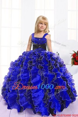 Blue And Black Ball Gowns Beading and Ruffles Party Dress for Girls Lace Up Organza Sleeveless Floor Length
