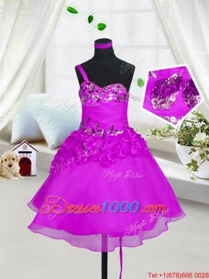 Sleeveless Lace Up Knee Length Beading and Hand Made Flower Pageant Gowns For Girls