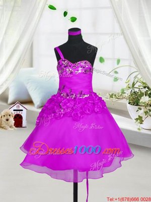Sleeveless Lace Up Knee Length Beading and Hand Made Flower Pageant Gowns For Girls