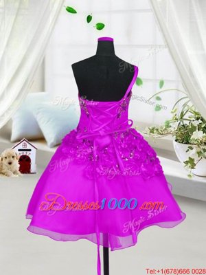 Sleeveless Lace Up Knee Length Beading and Hand Made Flower Pageant Gowns For Girls