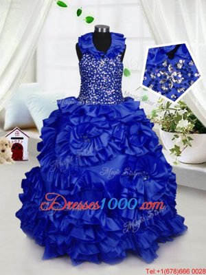 Blue and Dark Green Halter Top Neckline Beading and Ruffles Pageant Gowns For Girls Sleeveless Lace Up