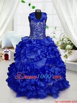 Halter Top Royal Blue Ball Gowns Beading and Ruffles Pageant Gowns For Girls Zipper Taffeta Sleeveless Floor Length