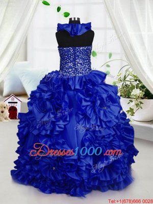 Halter Top Royal Blue Ball Gowns Beading and Ruffles Pageant Gowns For Girls Zipper Taffeta Sleeveless Floor Length