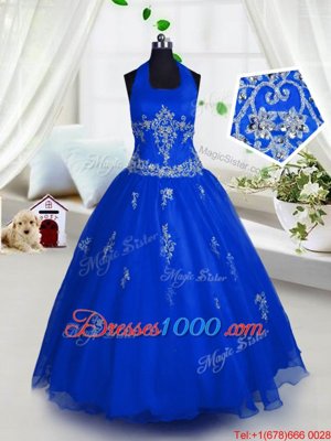 Blue A-line Tulle Halter Top Sleeveless Appliques Floor Length Lace Up Little Girls Pageant Dress
