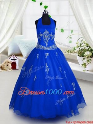 Blue A-line Tulle Halter Top Sleeveless Appliques Floor Length Lace Up Little Girls Pageant Dress