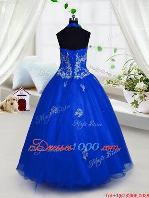 Blue A-line Tulle Halter Top Sleeveless Appliques Floor Length Lace Up Little Girls Pageant Dress
