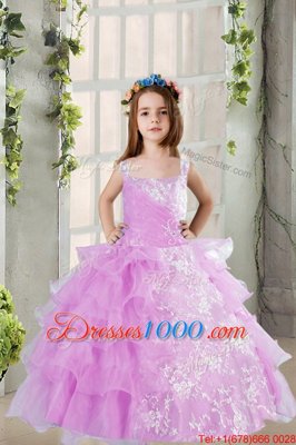 Trendy Lavender Square Neckline Lace and Ruffled Layers Kids Pageant Dress Sleeveless Lace Up