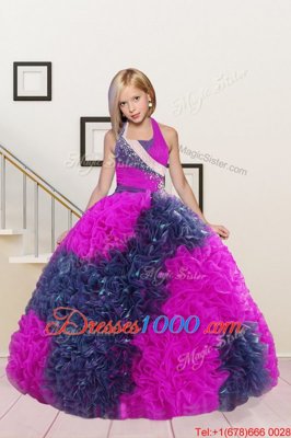 High Quality Halter Top Hot Pink Sleeveless Floor Length Beading and Ruffles Lace Up Party Dress Wholesale