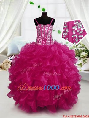 Organza Straps Sleeveless Lace Up Beading and Ruffles Girls Pageant Dresses in Black and Purple